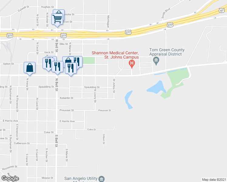 map of restaurants, bars, coffee shops, grocery stores, and more near 221 Saint Johns Street in San Angelo