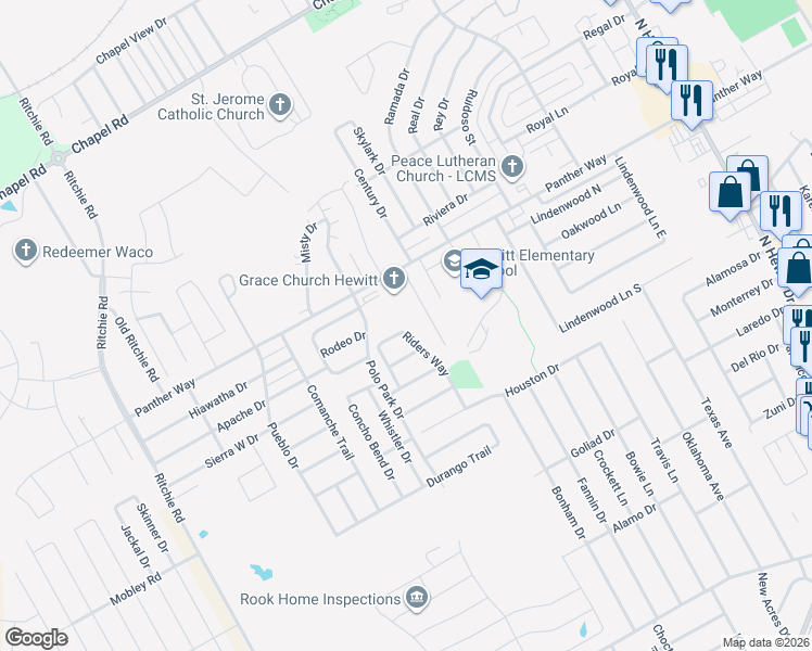 map of restaurants, bars, coffee shops, grocery stores, and more near 2600 Riders Way in Waco