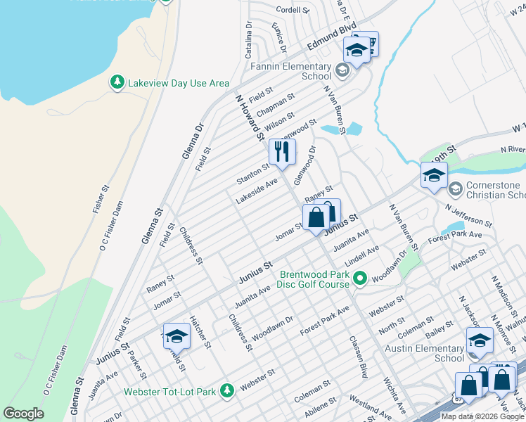 map of restaurants, bars, coffee shops, grocery stores, and more near 2219 Glenwood Drive in San Angelo