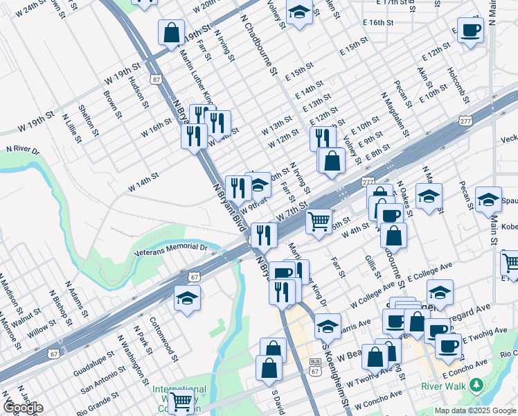 map of restaurants, bars, coffee shops, grocery stores, and more near 815 Martin Luther King Drive in San Angelo