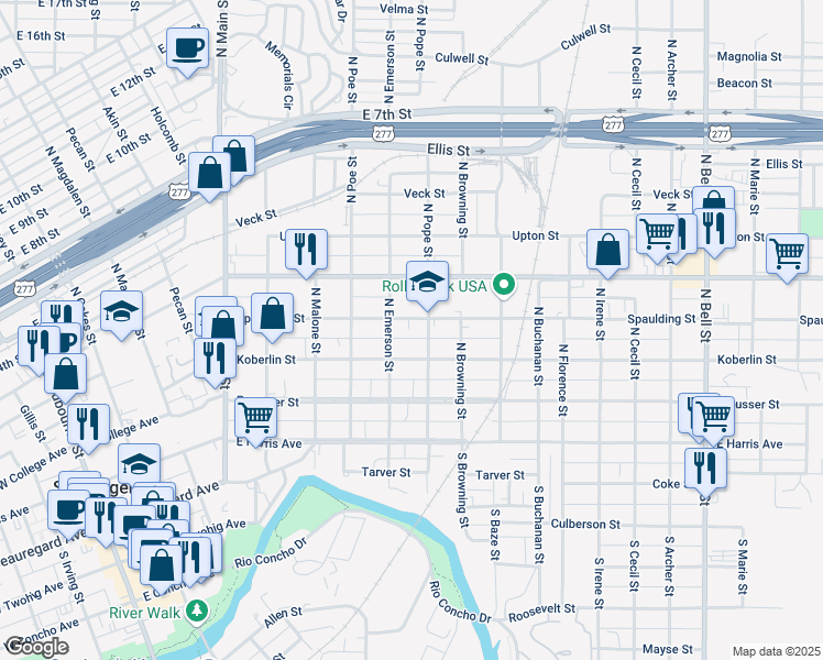 map of restaurants, bars, coffee shops, grocery stores, and more near 700-798 Koberlin St in San Angelo