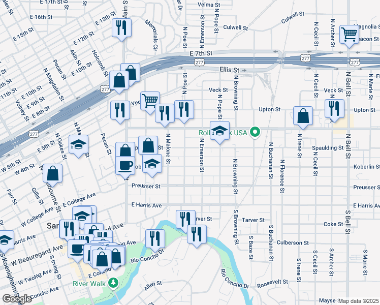map of restaurants, bars, coffee shops, grocery stores, and more near 600-698 Koberlin Street in San Angelo