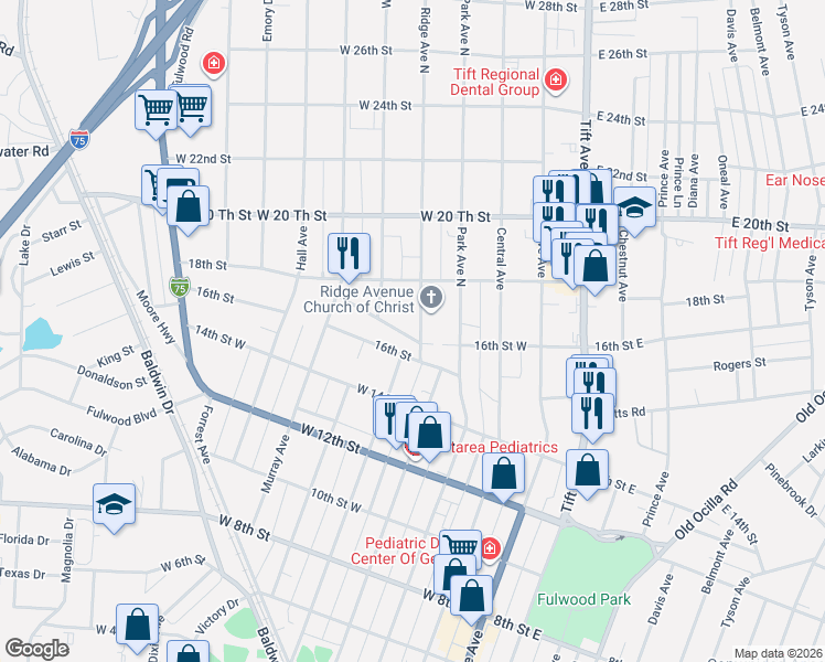 map of restaurants, bars, coffee shops, grocery stores, and more near 325 16th Street in Tifton