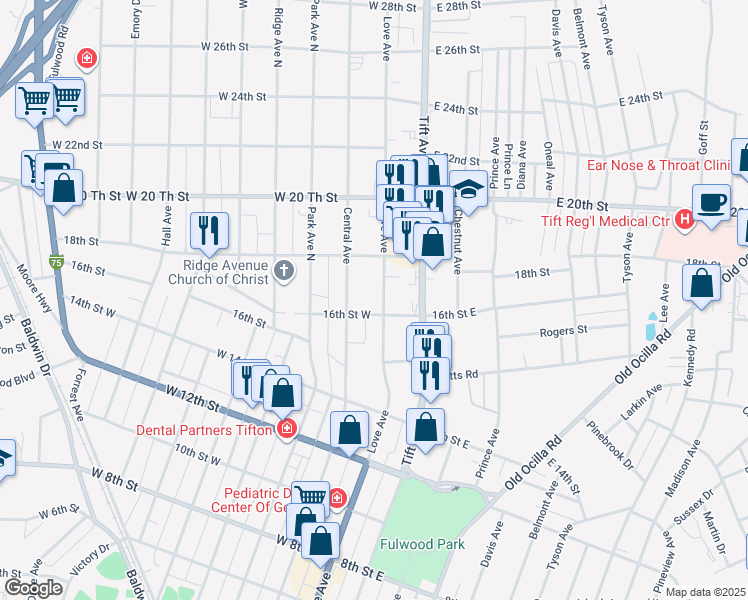 map of restaurants, bars, coffee shops, grocery stores, and more near 1422 Love Avenue in Tifton