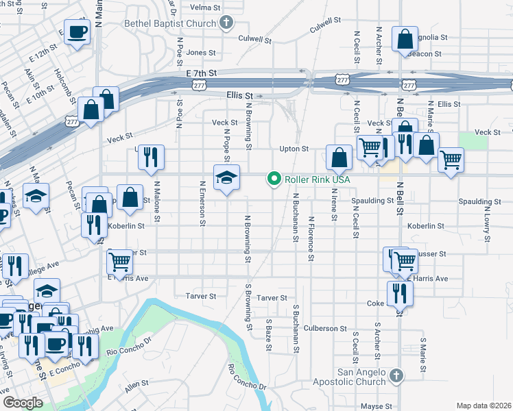 map of restaurants, bars, coffee shops, grocery stores, and more near 918 Koberlin Street in San Angelo