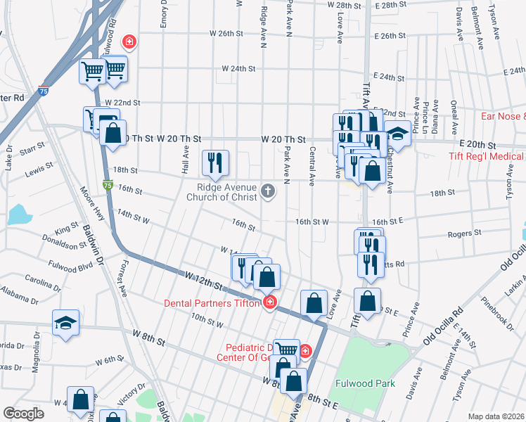 map of restaurants, bars, coffee shops, grocery stores, and more near 1615 North Ridge Avenue in Tifton