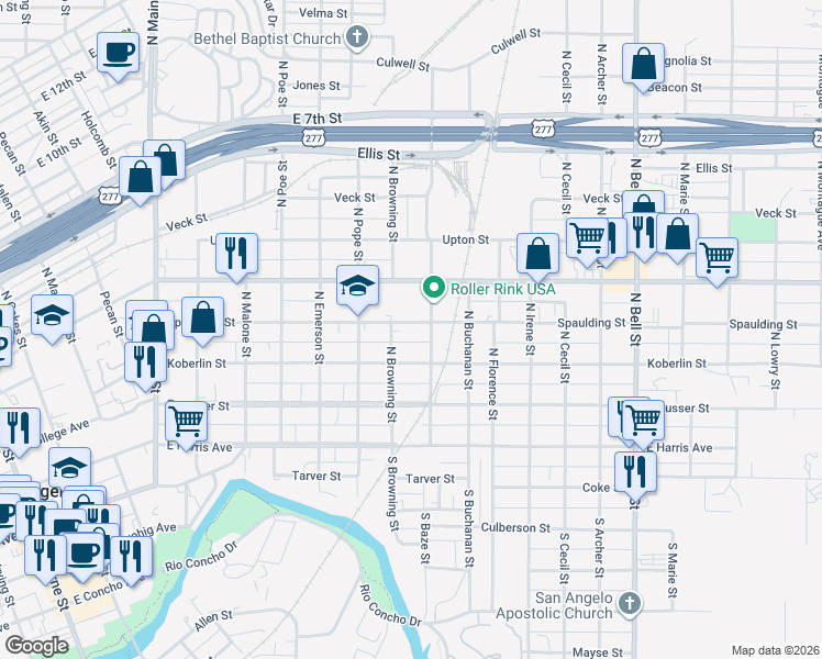 map of restaurants, bars, coffee shops, grocery stores, and more near 918 Koberlin Street in San Angelo