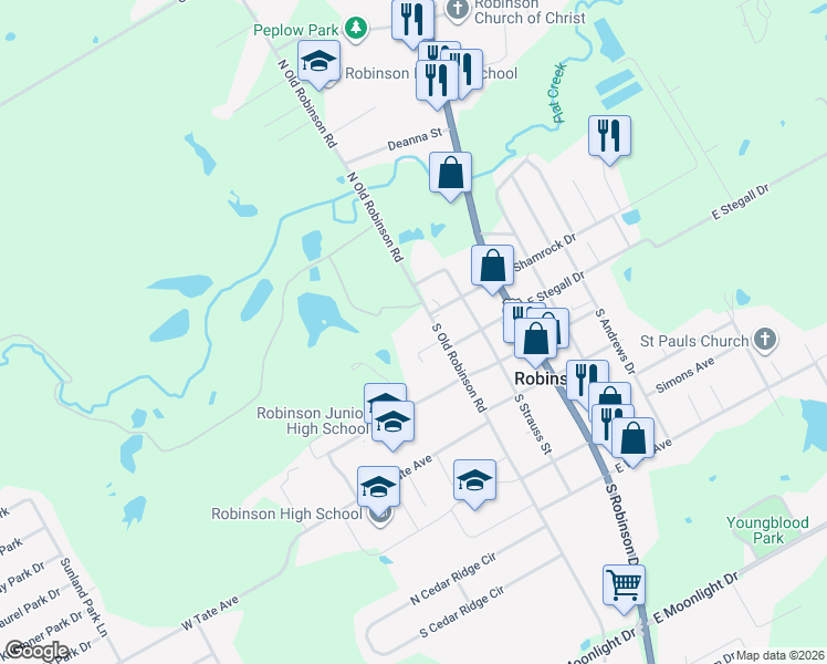 map of restaurants, bars, coffee shops, grocery stores, and more near 109 South Old Robinson Road in Robinson