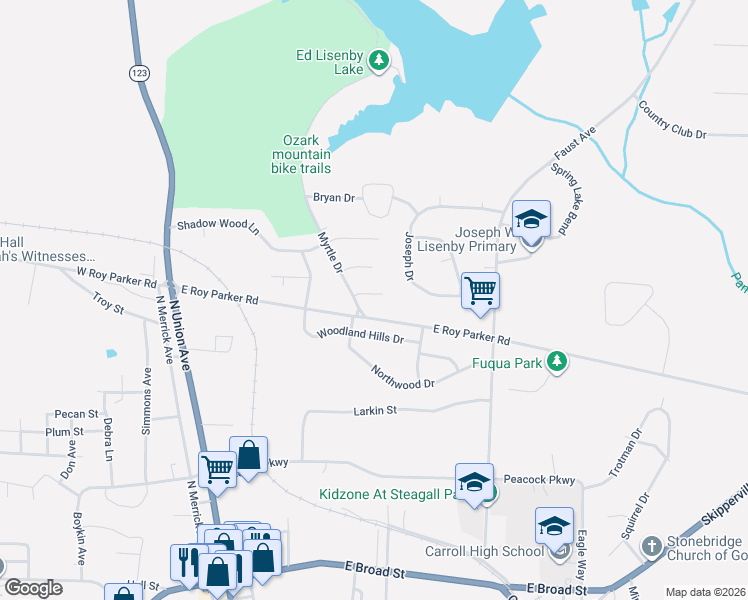 map of restaurants, bars, coffee shops, grocery stores, and more near 349 Joseph Drive in Ozark