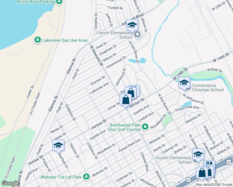map of restaurants, bars, coffee shops, grocery stores, and more near 2025 Glenwood Drive in San Angelo