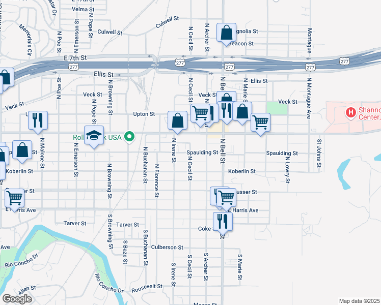 map of restaurants, bars, coffee shops, grocery stores, and more near 298 North Cecil Street in San Angelo