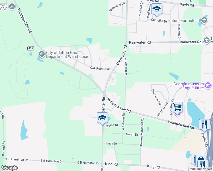 map of restaurants, bars, coffee shops, grocery stores, and more near 40 Carpenter Road North in Tifton
