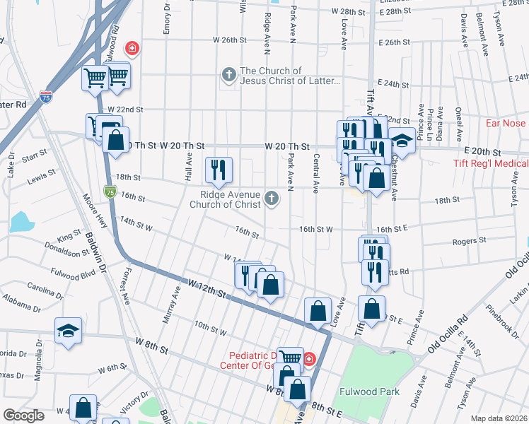 map of restaurants, bars, coffee shops, grocery stores, and more near 1623 North Ridge Avenue in Tifton