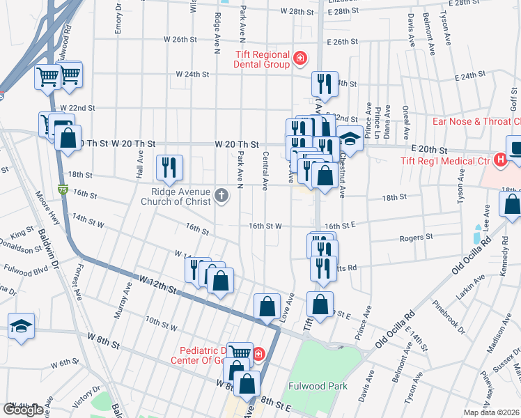 map of restaurants, bars, coffee shops, grocery stores, and more near 1616-1618 Central Avenue in Tifton