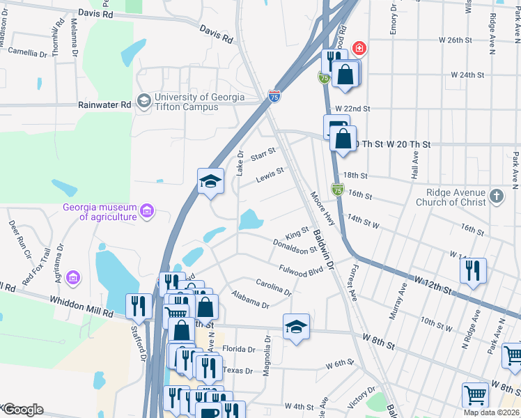 map of restaurants, bars, coffee shops, grocery stores, and more near 122 Branch Street in Tifton