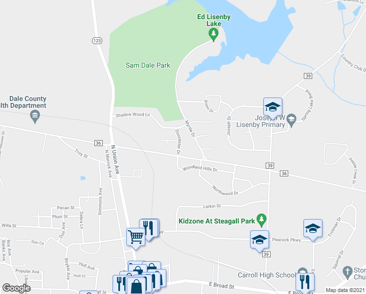 map of restaurants, bars, coffee shops, grocery stores, and more near 152 Doncaster Drive in Ozark