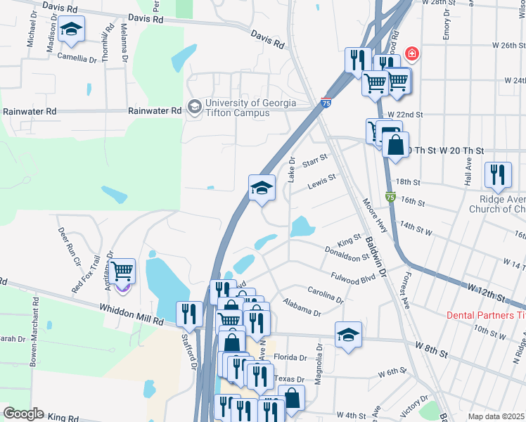 map of restaurants, bars, coffee shops, grocery stores, and more near 1210 Lake Drive in Tifton