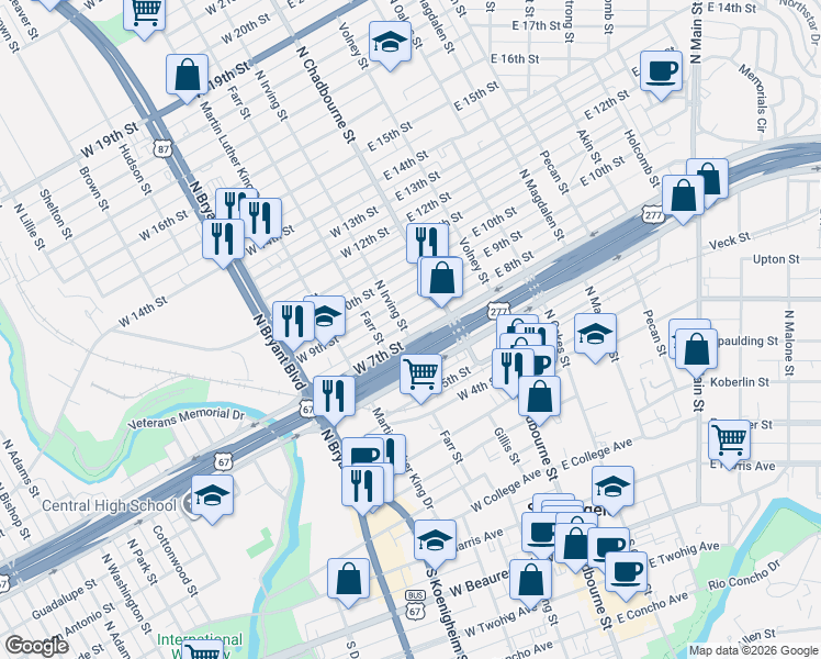 map of restaurants, bars, coffee shops, grocery stores, and more near 25 West 8th Street in San Angelo