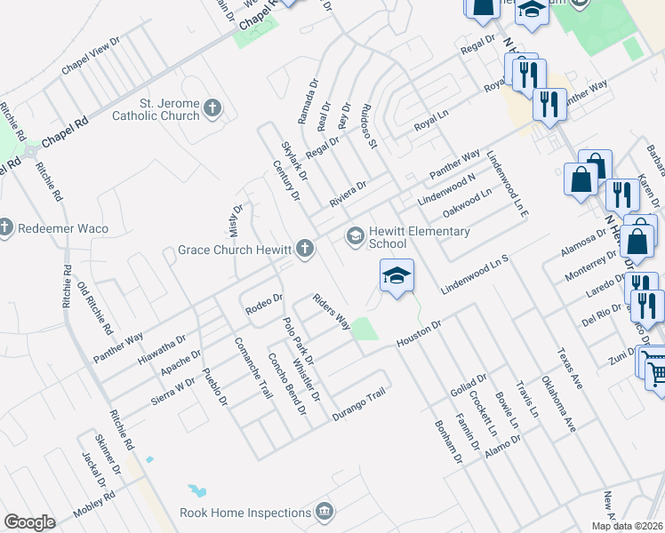map of restaurants, bars, coffee shops, grocery stores, and more near 2508 Tigua Court in Waco