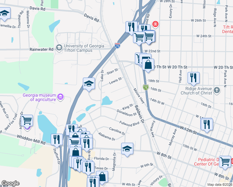 map of restaurants, bars, coffee shops, grocery stores, and more near 122 Branch St in Tifton