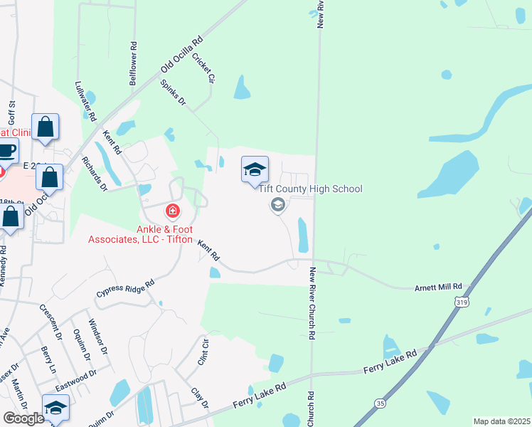 map of restaurants, bars, coffee shops, grocery stores, and more near 1 Blue Devil Way in Tifton
