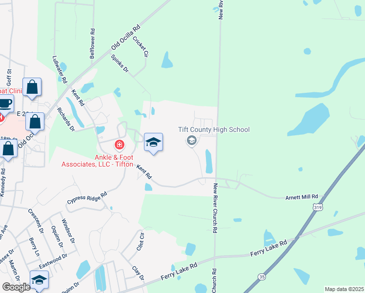 map of restaurants, bars, coffee shops, grocery stores, and more near 1 Blue Devil Way in Tifton