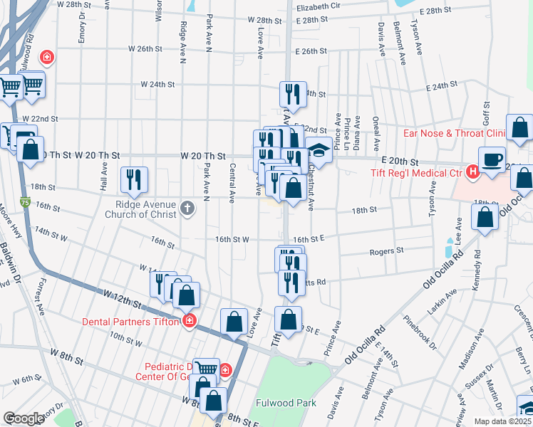 map of restaurants, bars, coffee shops, grocery stores, and more near 1620 Love Avenue in Tifton