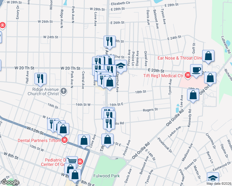 map of restaurants, bars, coffee shops, grocery stores, and more near 1608 Chestnut Avenue in Tifton