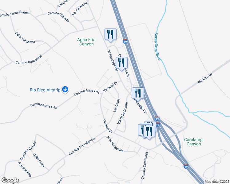 map of restaurants, bars, coffee shops, grocery stores, and more near 398 Via Capri in Rio Rico