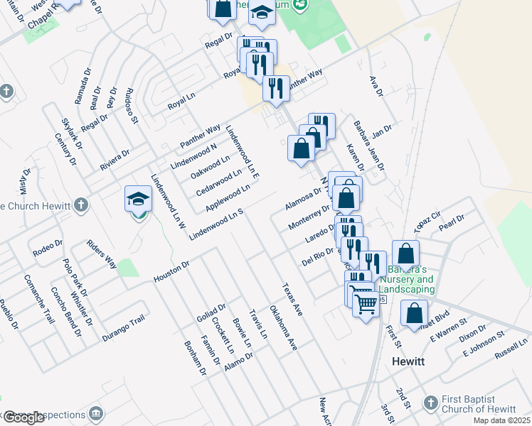 map of restaurants, bars, coffee shops, grocery stores, and more near 257 Alamosa Drive in Hewitt