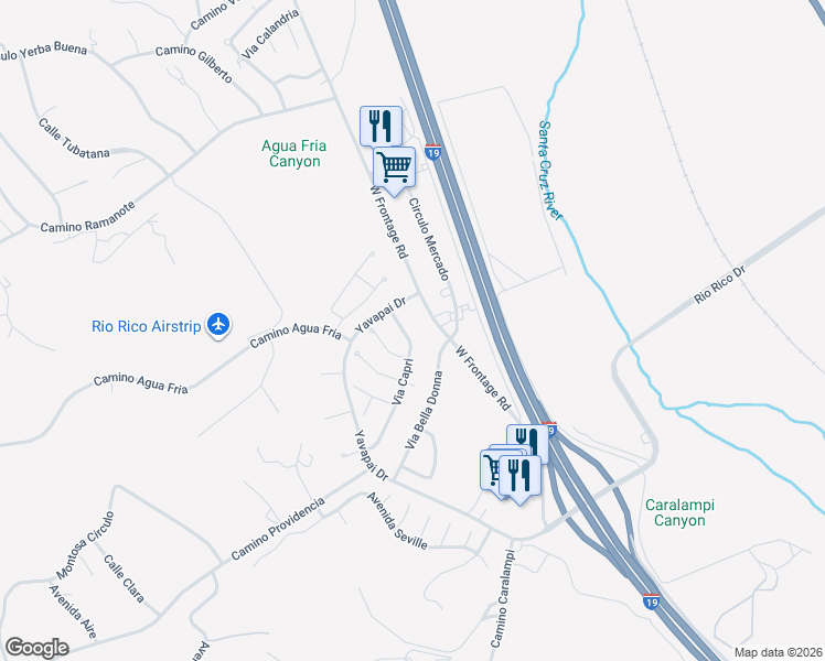 map of restaurants, bars, coffee shops, grocery stores, and more near 398 Via Capri in Rio Rico