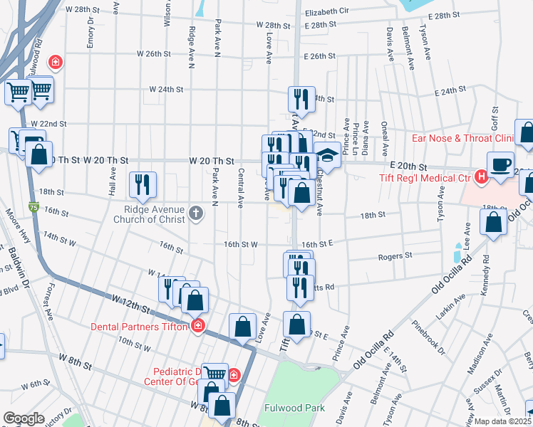 map of restaurants, bars, coffee shops, grocery stores, and more near 1620 Love Avenue in Tifton