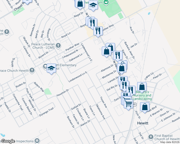 map of restaurants, bars, coffee shops, grocery stores, and more near 257 Alamosa Drive in Hewitt