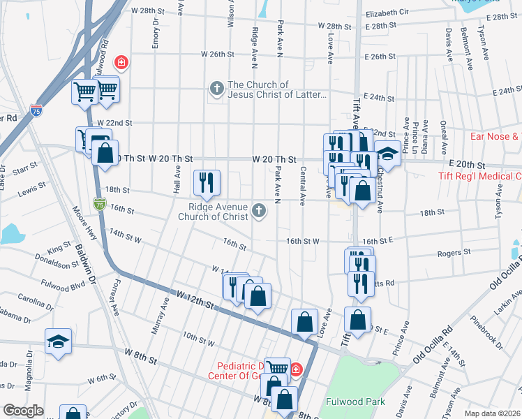map of restaurants, bars, coffee shops, grocery stores, and more near 1623 North Ridge Avenue in Tifton