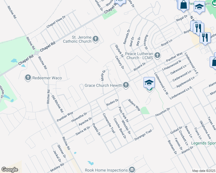 map of restaurants, bars, coffee shops, grocery stores, and more near 2225 Breezy Drive in Waco