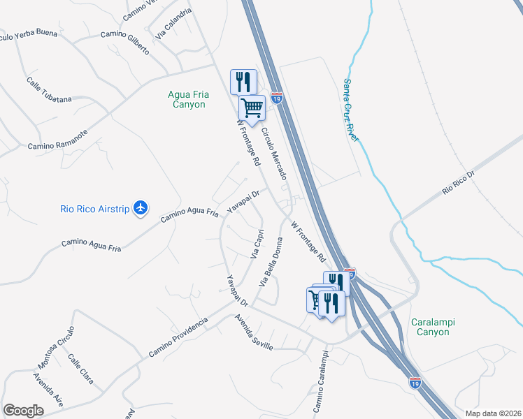 map of restaurants, bars, coffee shops, grocery stores, and more near 398 Via Capri in Rio Rico