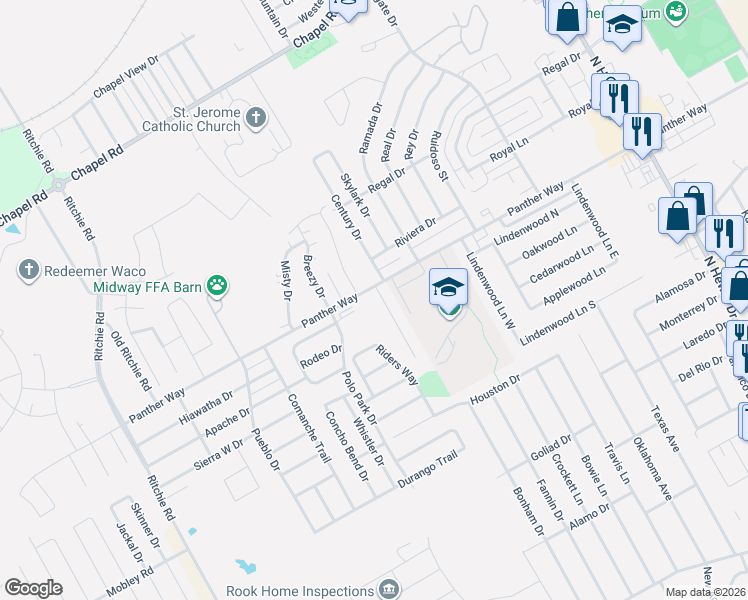 map of restaurants, bars, coffee shops, grocery stores, and more near 2421 Tigua Court in Woodway