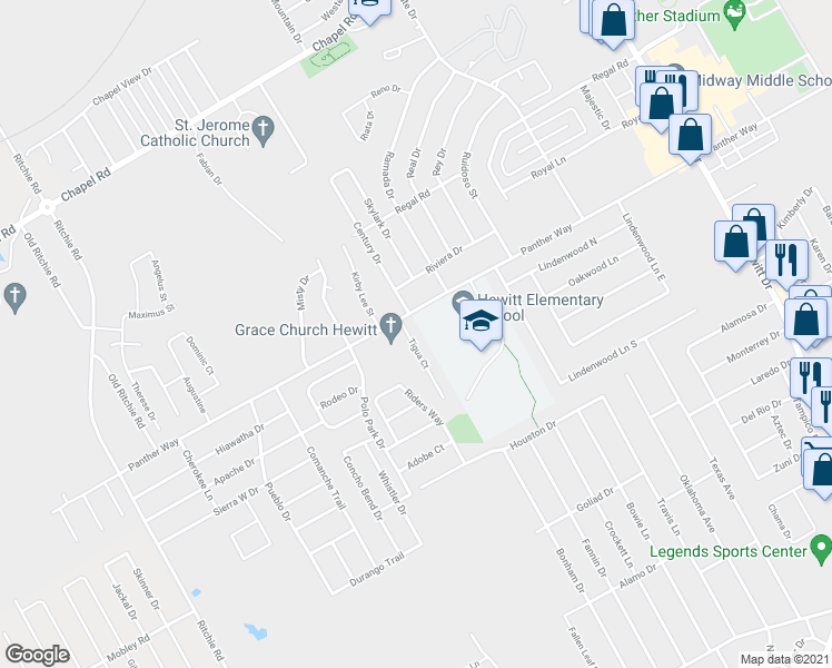 map of restaurants, bars, coffee shops, grocery stores, and more near 2416 Tigua Court in Woodway