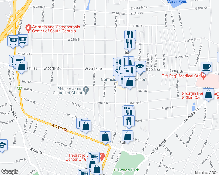 map of restaurants, bars, coffee shops, grocery stores, and more near 1620 Love Avenue in Tifton