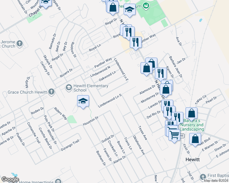 map of restaurants, bars, coffee shops, grocery stores, and more near 343 Applewood Lane in Hewitt