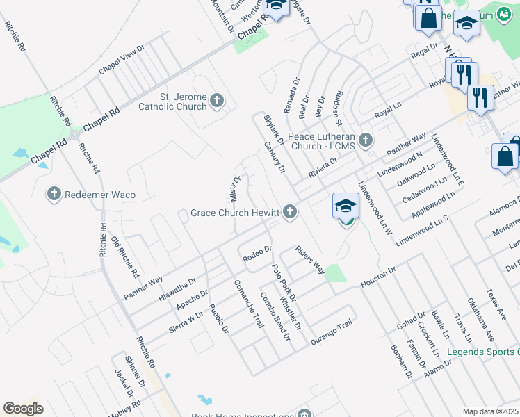map of restaurants, bars, coffee shops, grocery stores, and more near 2225 Breezy Drive in Waco