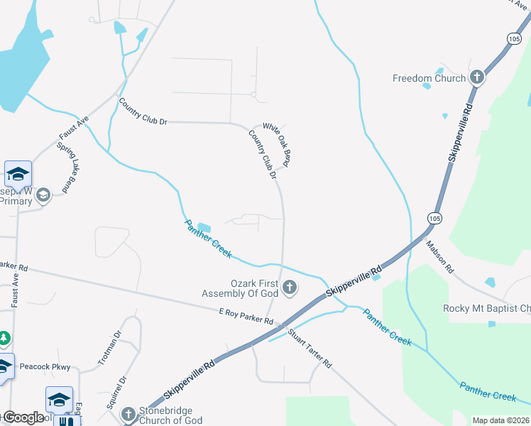 map of restaurants, bars, coffee shops, grocery stores, and more near 127 Country Club Lane in Ozark
