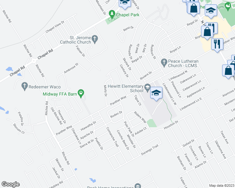 map of restaurants, bars, coffee shops, grocery stores, and more near 2316 Breezy Drive in Waco