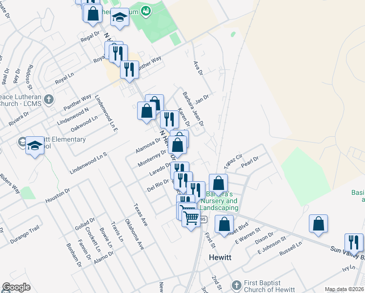 map of restaurants, bars, coffee shops, grocery stores, and more near 409 Connie Drive in Hewitt