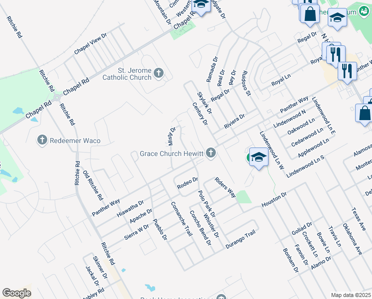 map of restaurants, bars, coffee shops, grocery stores, and more near 2225 Breezy Drive in Waco