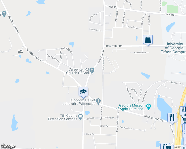 map of restaurants, bars, coffee shops, grocery stores, and more near 40 Carpenter Road North in Tifton