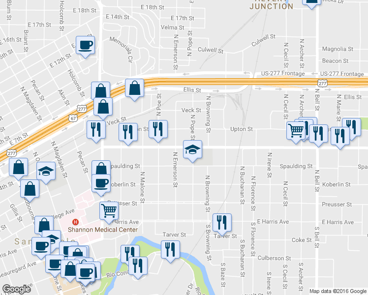 map of restaurants, bars, coffee shops, grocery stores, and more near 498 North Emerson Street in San Angelo