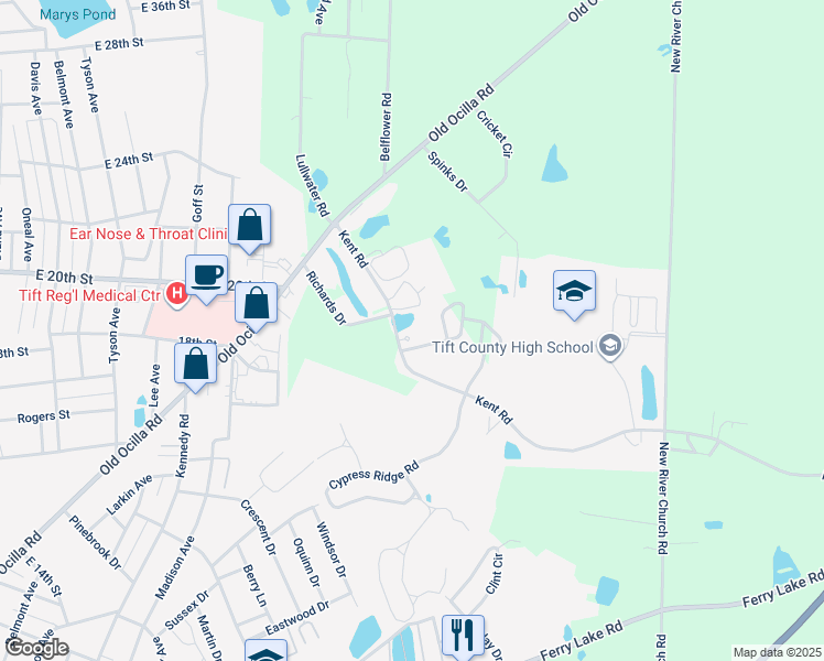 map of restaurants, bars, coffee shops, grocery stores, and more near 68 Richards Drive in Tifton