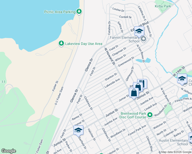 map of restaurants, bars, coffee shops, grocery stores, and more near 2301 Field Street in San Angelo