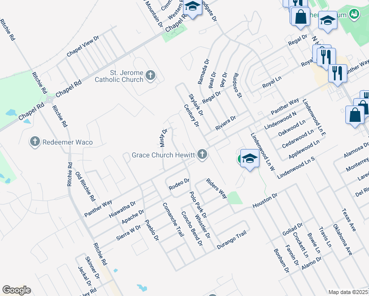 map of restaurants, bars, coffee shops, grocery stores, and more near 2216 Kirby Lee Street in Woodway